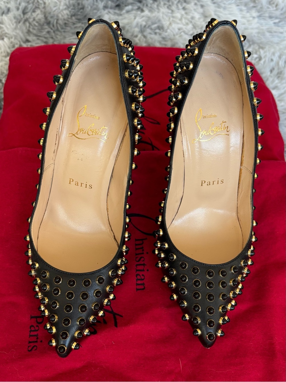 Christian Louboutin Black Leather Pointed Spike Pumps with Gold Studs